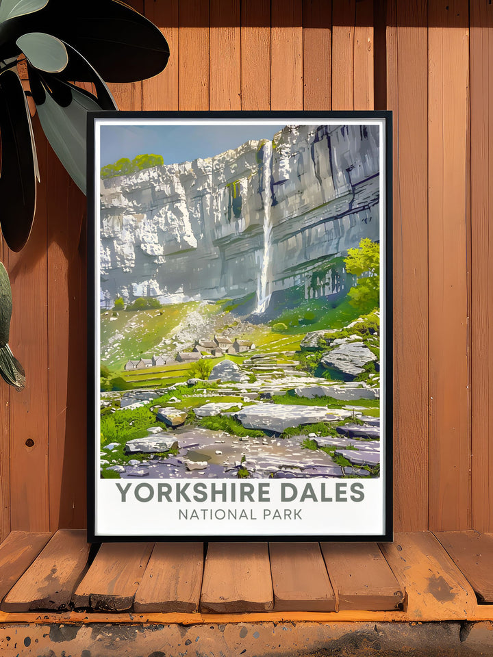This Malhom Cov posterViaduct brings the picturesque beauty of the Yorkshire Dales into your home perfect for wall art that captures the essence of this stunning region.