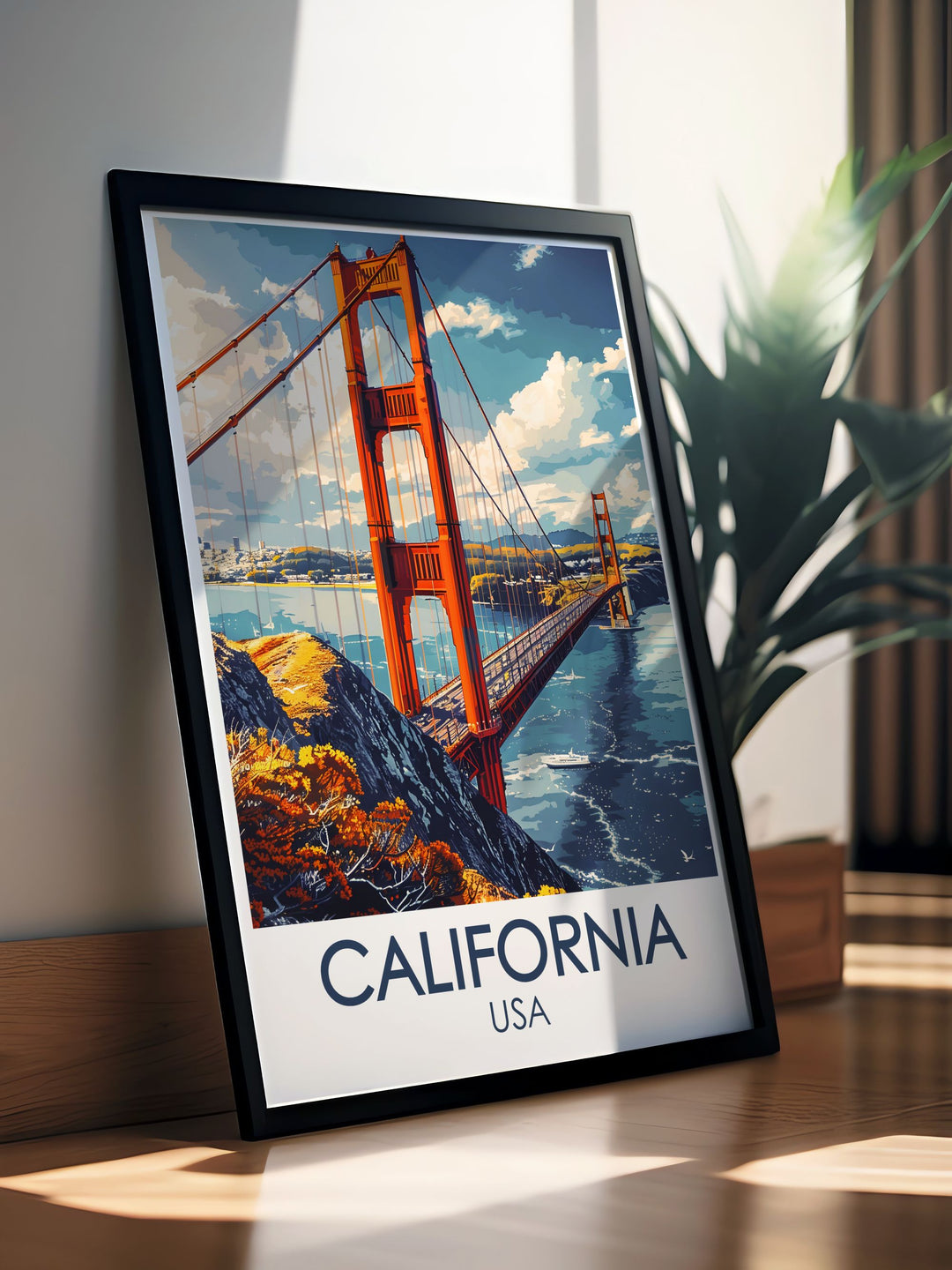 The Golden Gate Bridge is beautifully illustrated in this travel poster, highlighting its Art Deco design and the stunning views it offers of San Francisco. Ideal for those who appreciate engineering marvels and historic landmarks.