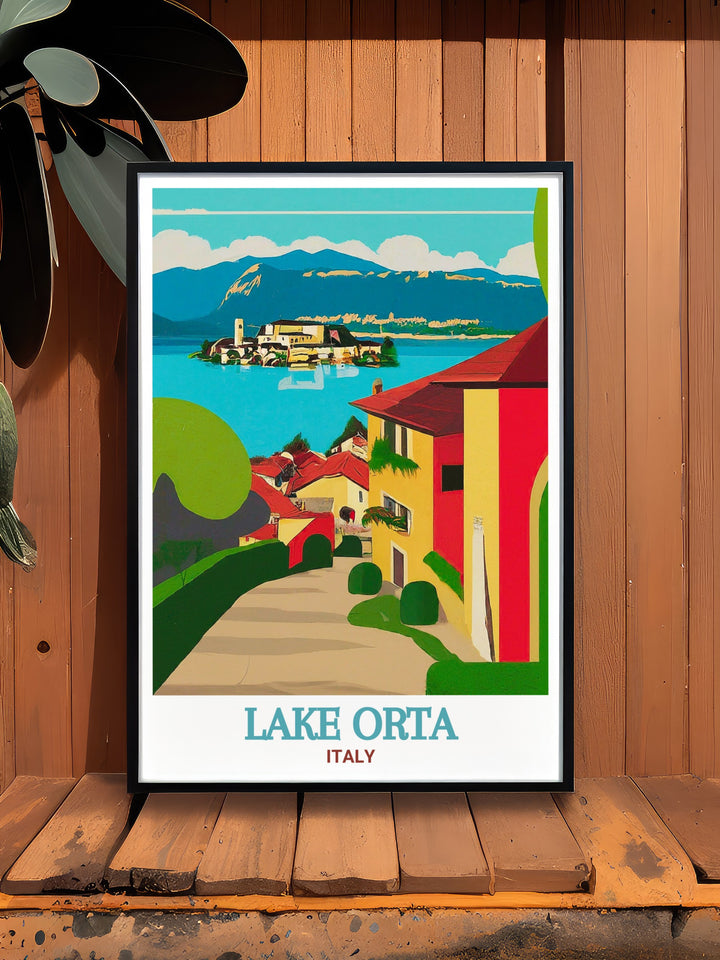 This Lake Orta poster celebrates the natural beauty of Italys Piedmont region. With its picturesque views of the lake and the village of Orta San Giulio, this travel print is an ideal way to bring the serenity of Italy into your home décor.