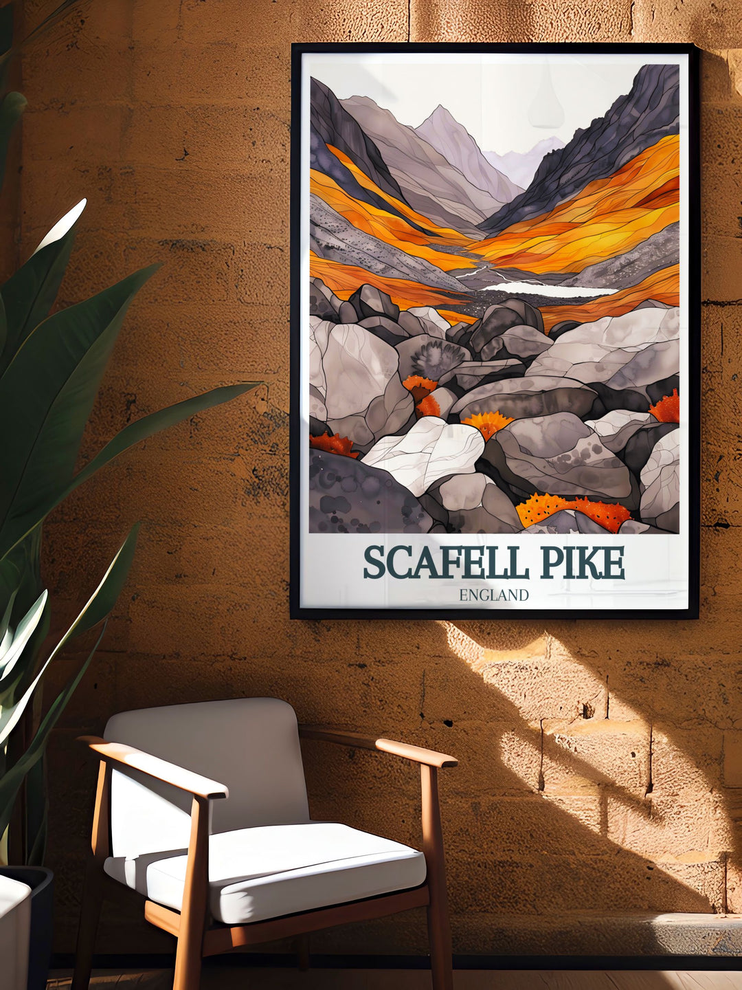 Scafell Pike travel print featuring the striking views of Englands Lake District National Park makes a wonderful hiking gift for outdoor enthusiasts who want to bring the wilderness and natural charm of this famous mountain into their home decor with unique wall art.