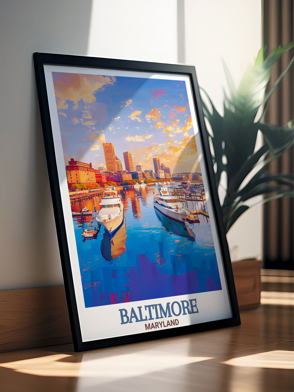 Elegant Inner Harbor wall art featuring a vintage print showcasing the beauty and history of Baltimore ideal for enhancing any living space with a touch of class and timeless charm a perfect gift for art lovers and city admirers