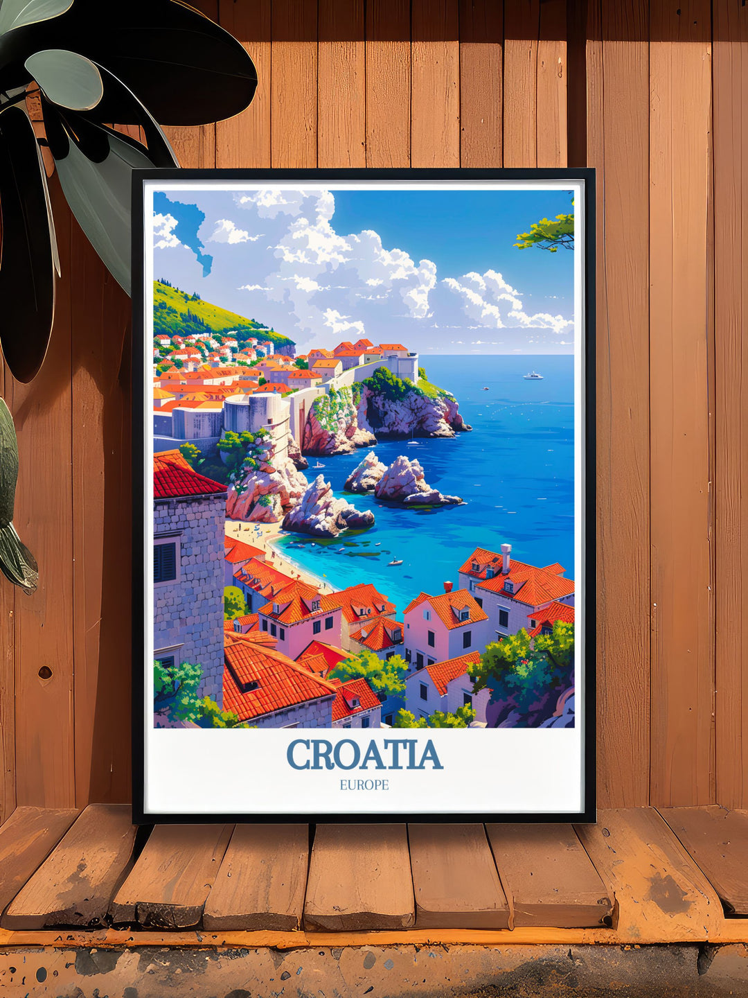 The majestic scenery of the Adriatic Sea and the historic charm of Dubrovnik Old Town are featured in this vibrant travel poster, perfect for adding Croatias unique allure and elegance to your home.
