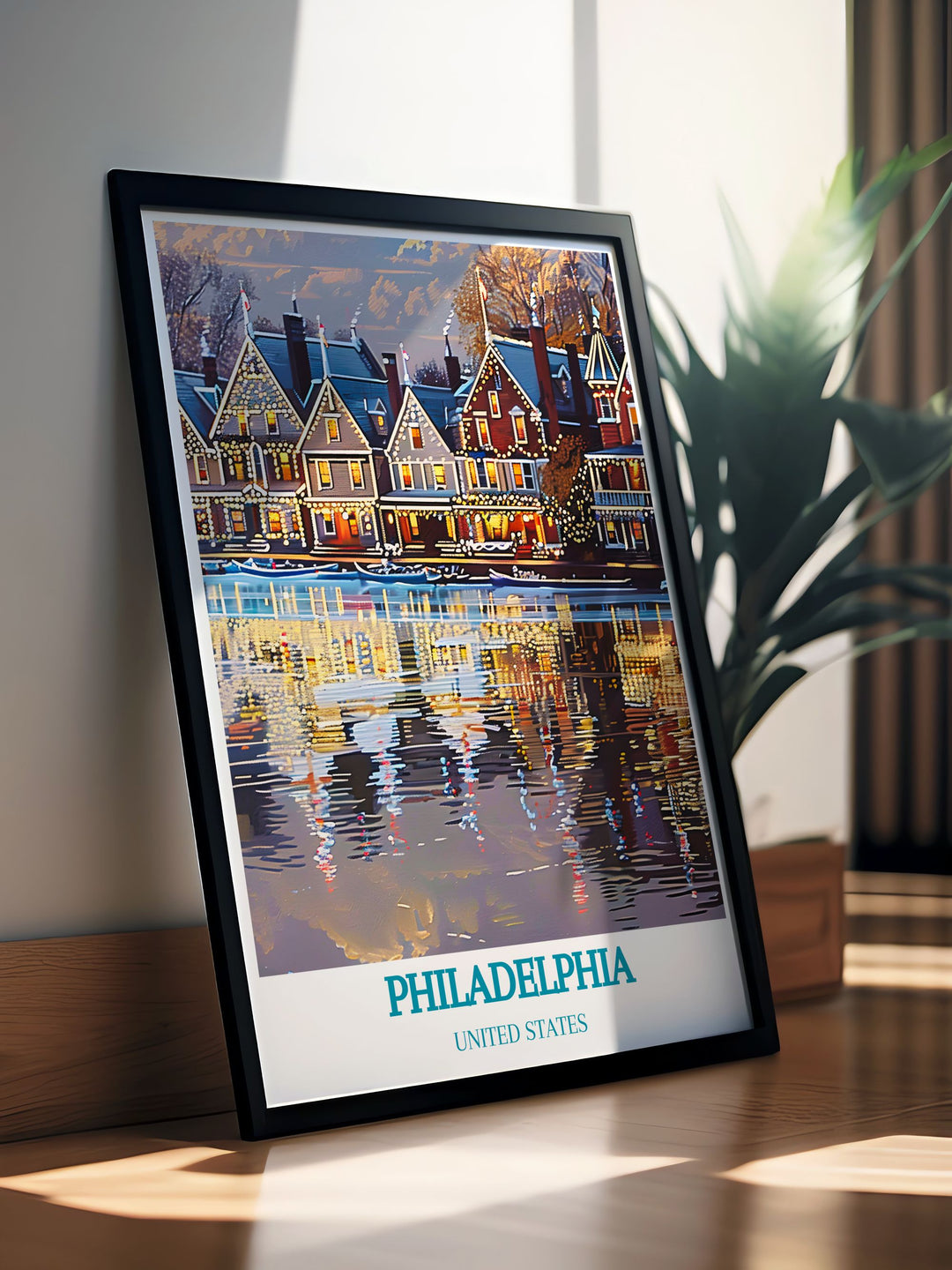 Immerse yourself in the beauty of Philadelphias Boathouse Row with this vibrant art print, showcasing the illuminated facades of the historic boathouses, ideal for any art collection.