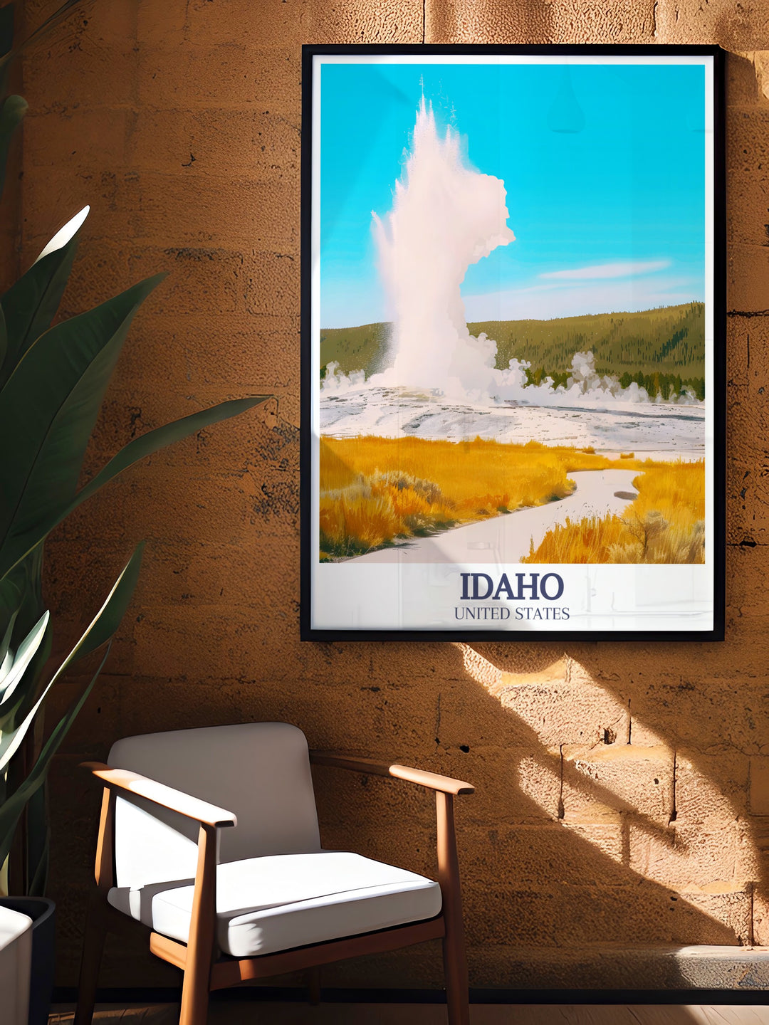 Capturing the eruption of Old Faithful Geyser, this Idaho poster print brings the majestic beauty of Yellowstone National Park into your space. A must have for adventure lovers, this travel poster offers a stunning view of Idahos natural wonders.