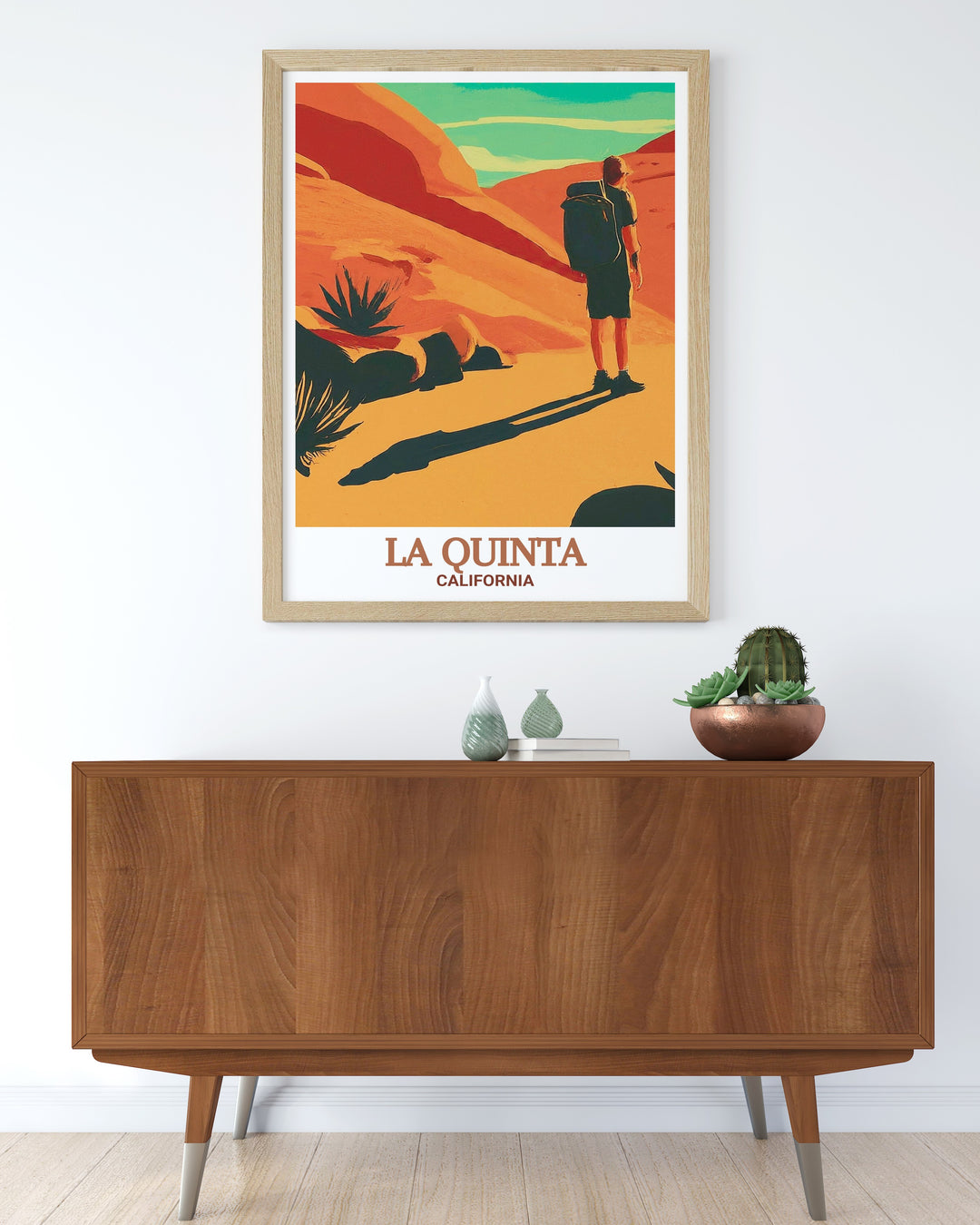 Cove Oasis Trailhead art print from La Quinta, California. This travel poster captures the expansive desert scenery, offering a beautiful blend of earthy tones and rugged mountain views. Ideal for nature enthusiasts, this canvas art brings the outdoors into your living space.