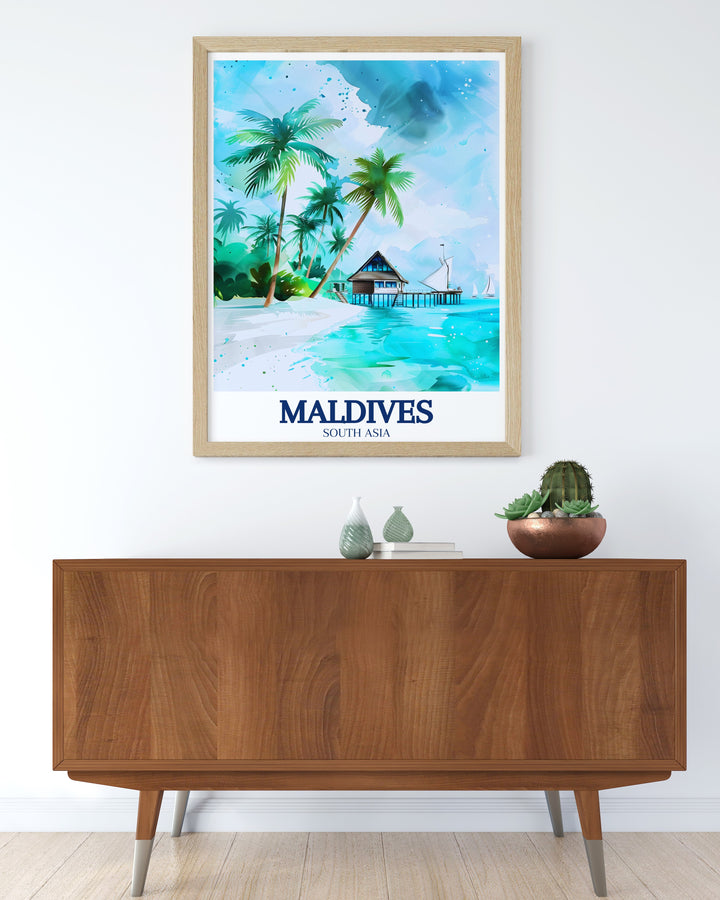 Indian Ocean Travel Poster featuring the iconic Maldives Beach and the stunning Hanifaru Bay. The poster captures the tranquility and beauty of this tropical paradise, ideal for those who love the ocean and want to add a touch of coastal charm to their home.