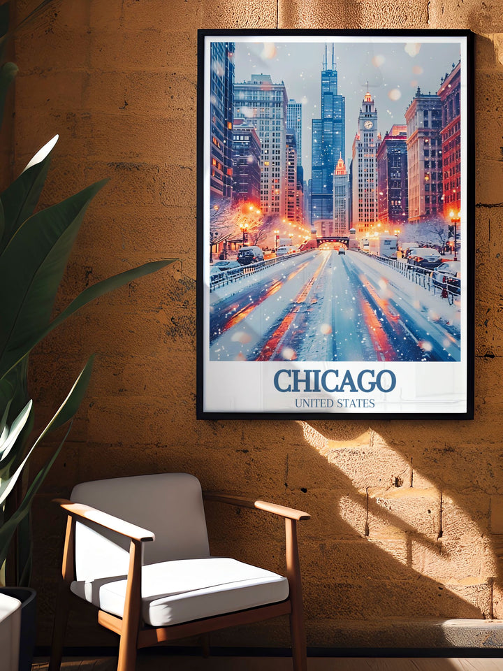 The bustling energy of the Magnificent Mile is showcased in this travel print, highlighting the unique attractions that make it famous. This poster artfully depicts the dynamic blend of culture and sophistication found in Chicago, offering a perfect addition to any wall.