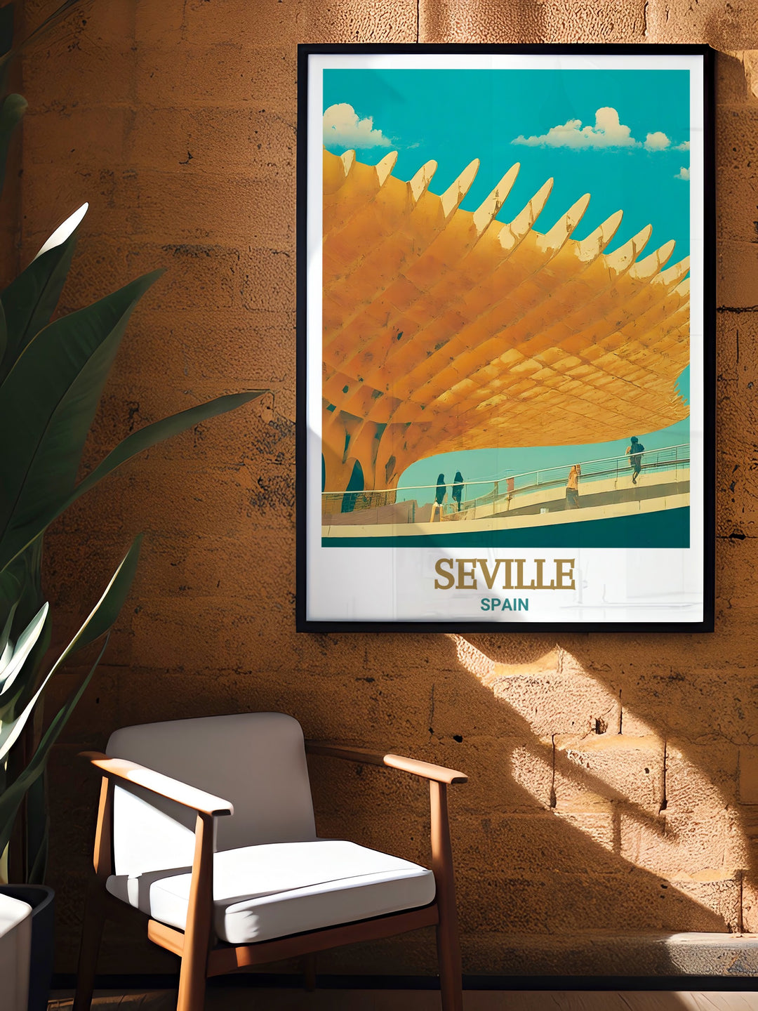 This Spain Travel Poster features the renowned Metropol Parasol in Seville. The towering wooden structure is a perfect representation of Spains innovation in architecture, beautifully portrayed in this print for lovers of Spanish culture and design.