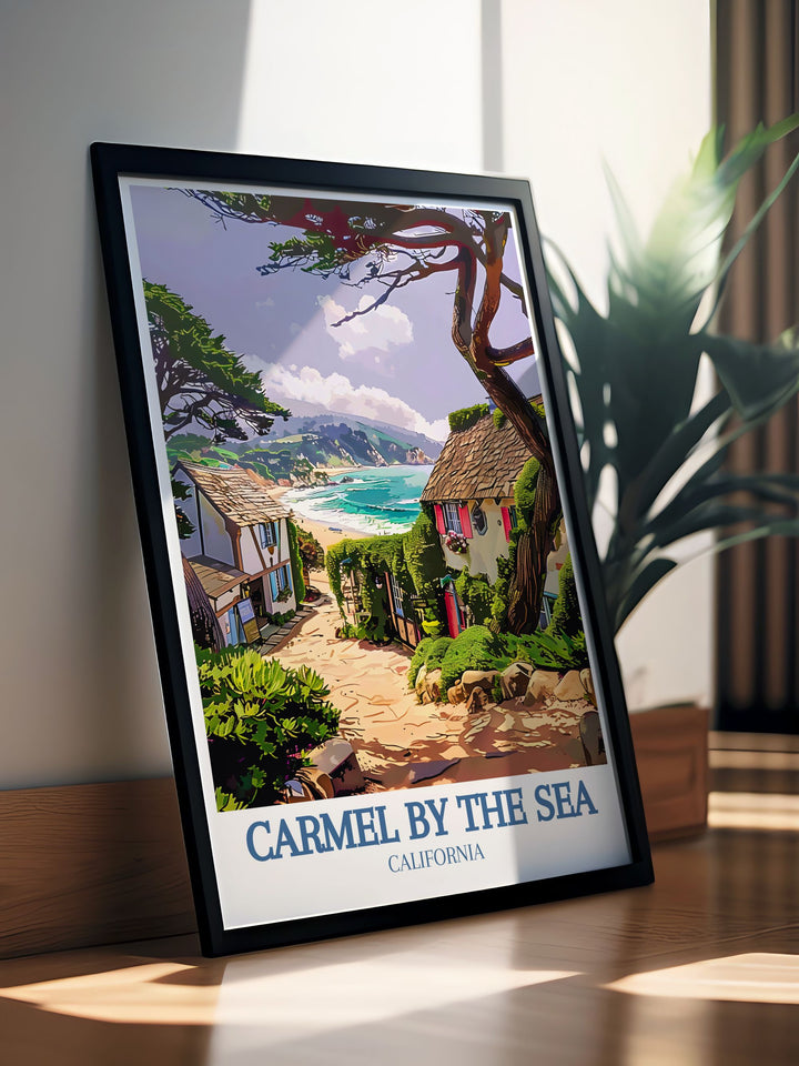 This vibrant travel poster features the FairyTale Cottages of Carmel by the Sea, capturing their unique charm and lush gardens. Add a piece of Californias artistic legacy to your home with this captivating print.