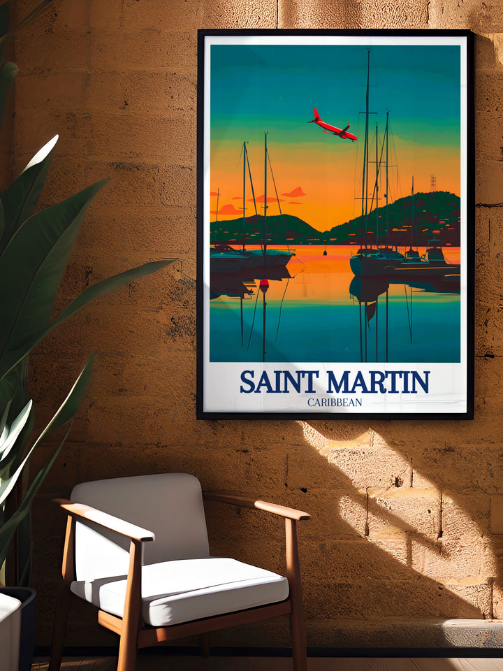 Stunning travel print of Saint Martins Maho Beach, famous for its unique proximity to the airport, combined with the tranquil charm of Marigot Bay. Perfect for tropical décor, this artwork brings the best of the Caribbean into your home with its rich colors and detailed design.