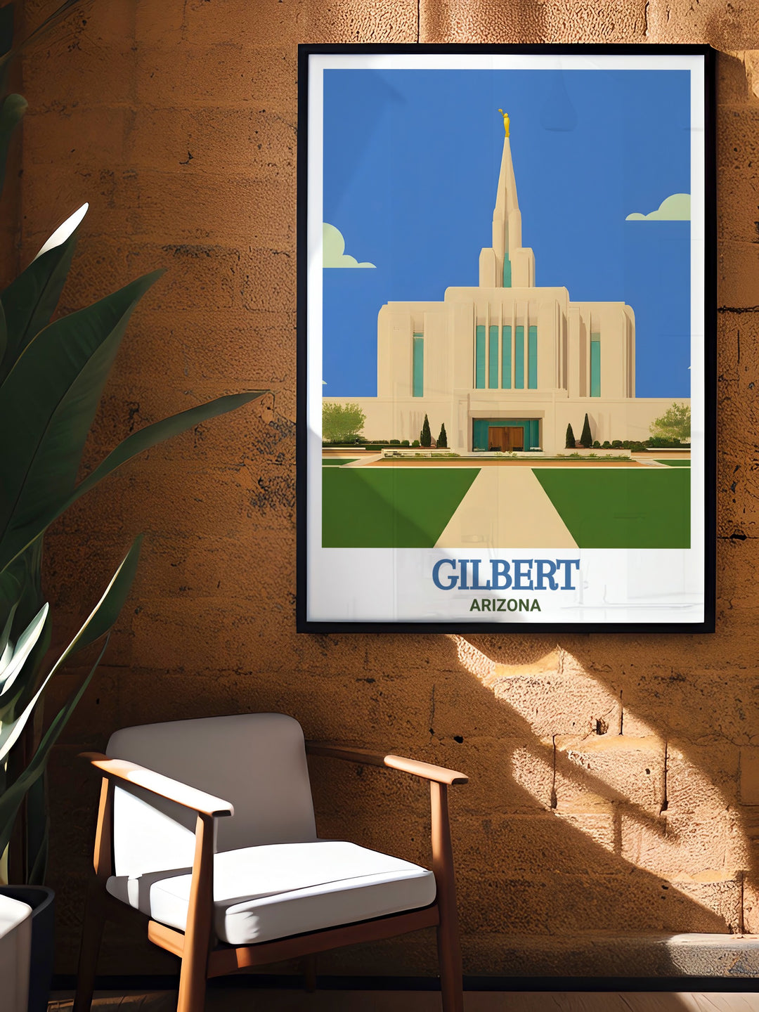 This beautiful Gilbert Temple poster print features a serene depiction of the temple against the Arizona skyline. A perfect travel print for Arizona lovers, it captures the architectural elegance of this iconic temple, making it an ideal piece of wall art for your home or office.