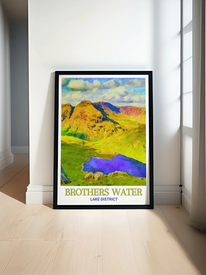 Brothers Water vintage poster highlights the quiet charm of one of the Lake Districts most peaceful lakes, perfect for those who want to add a touch of Englands natural landscapes to their home décor.