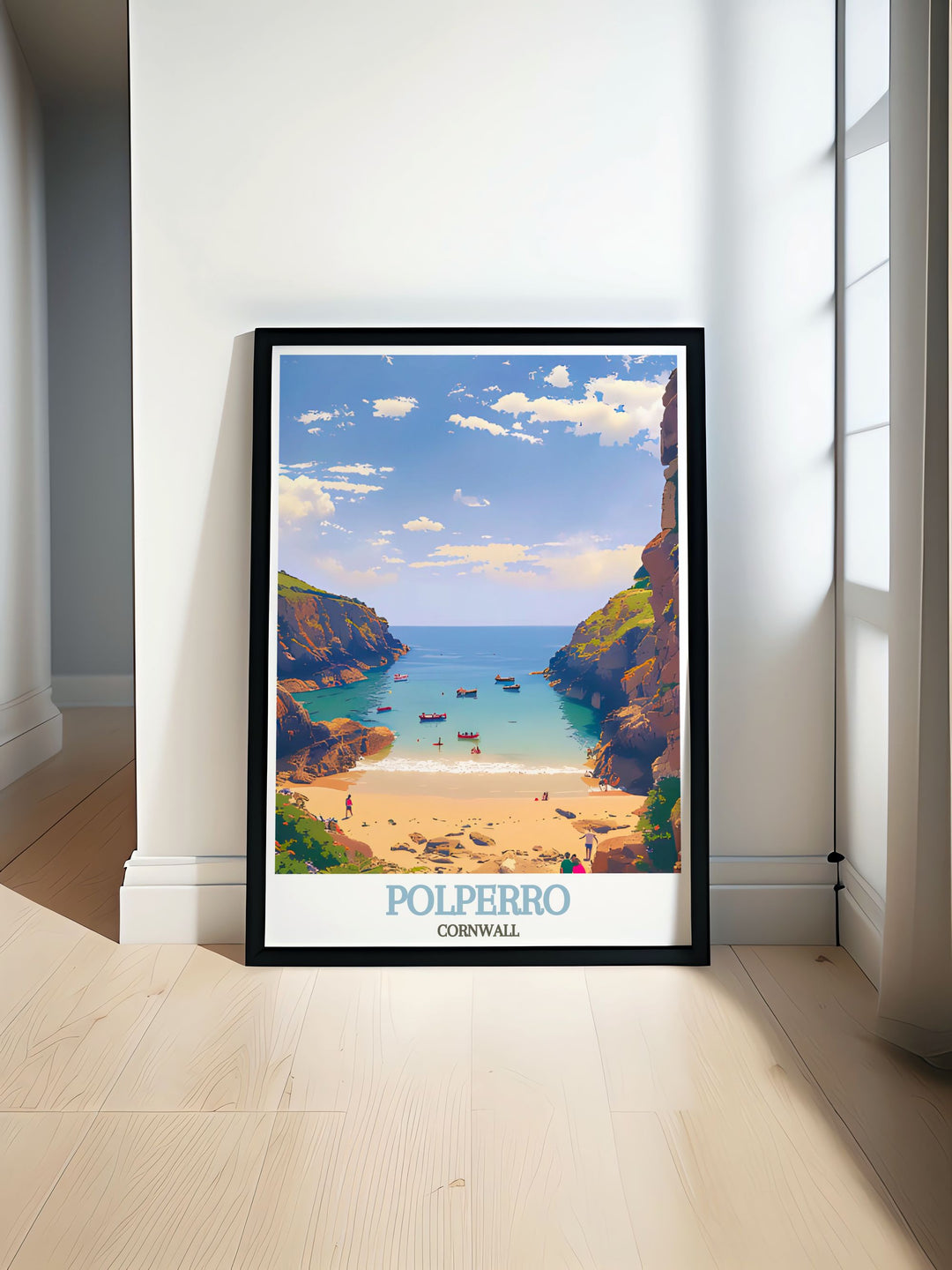 Polperro Beach framed print showcasing the stunning coastal beauty of Polperro Cornwall perfect for enhancing living room decor with vintage travel art