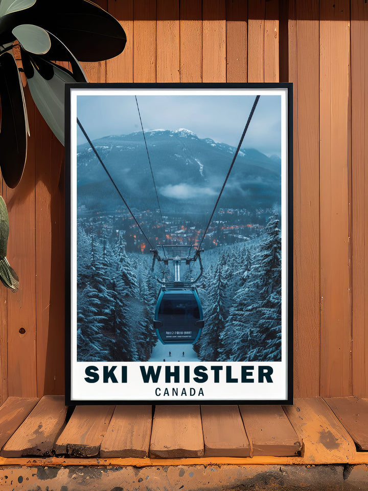 The Peak 2 Peak Gondola and Whistler Ski Resort are depicted in this travel poster, showcasing the natural beauty and thrilling experiences that make Whistler a top destination for winter sports.