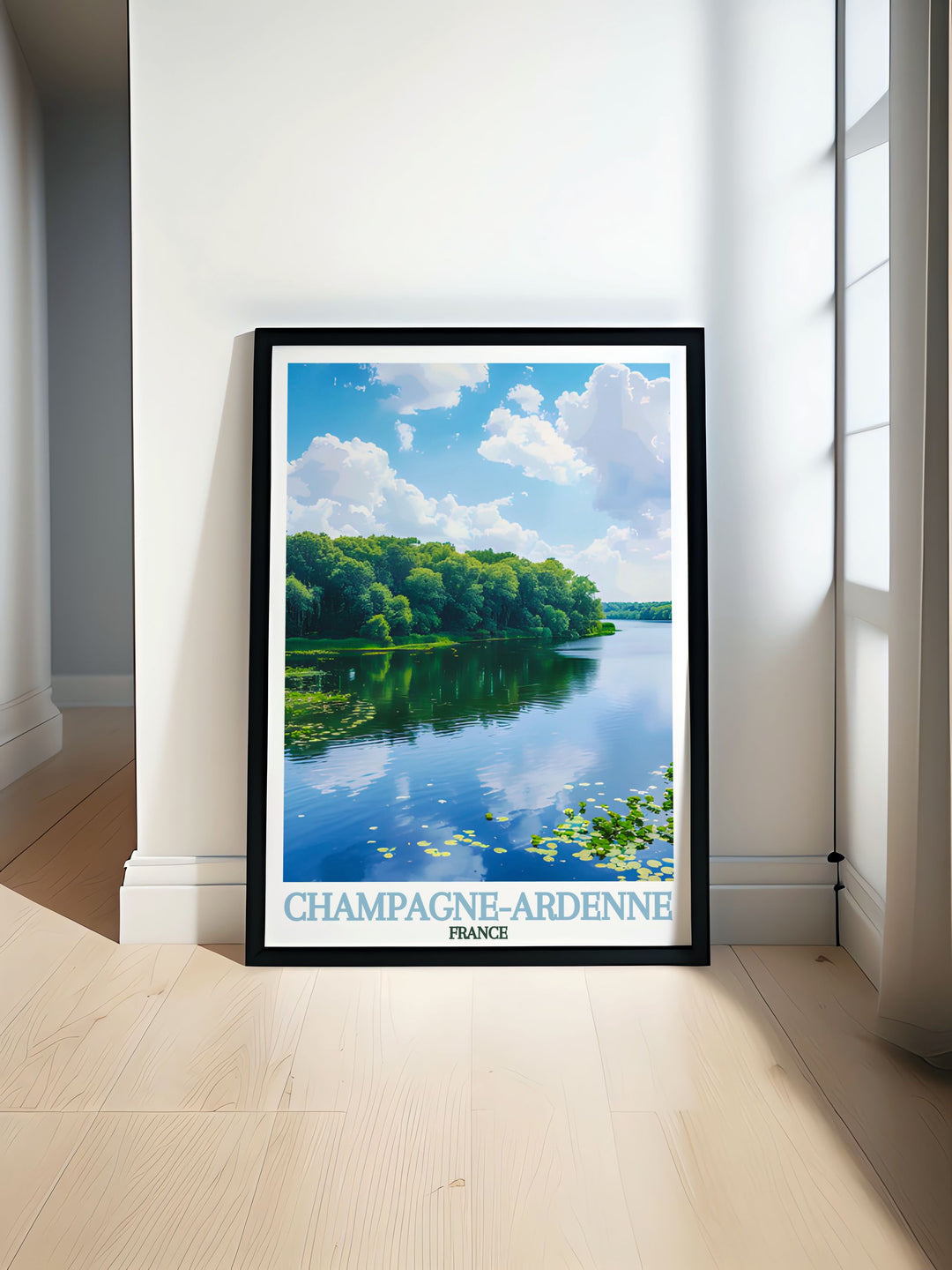 Stunning travel print of Parc Naturel Regional de la Foret d Orient showcasing lush forests and serene lakes in Champagne Ardenne. Perfect for wall art or gifts, this poster captures the natural beauty of France with vibrant colors and detailed artistry, ideal for home decor.