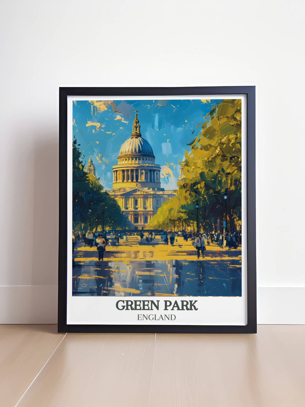 A vibrant London travel poster showcasing Constitution Hill with its historic pathway leading to Victoria Memorial and Buckingham Palace ideal for adding a touch of Londons rich history and charm to any room with framed prints.