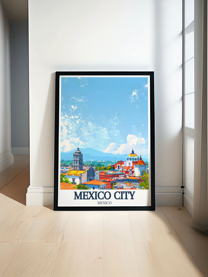 Stunning artwork featuring Metropolitan cathedral Zocalo Chapultepec castle captures the vibrant essence of Mexico City. Perfect for home or office decor this Mexico City wall art brings historical landmarks to life with vivid colors and intricate details.