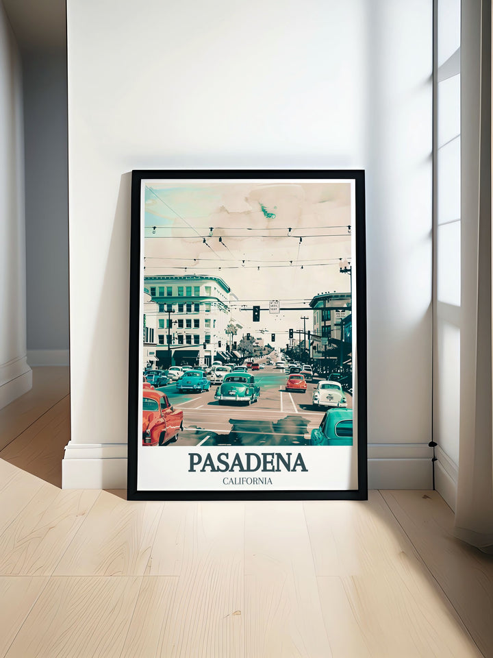 Beautiful Pasadena wall art featuring iconic views of Old Pasadena, Colorado Boulevard. Perfect for adding a touch of elegance to any living room or home decor. Ideal for those who love vibrant cityscapes and historical charm