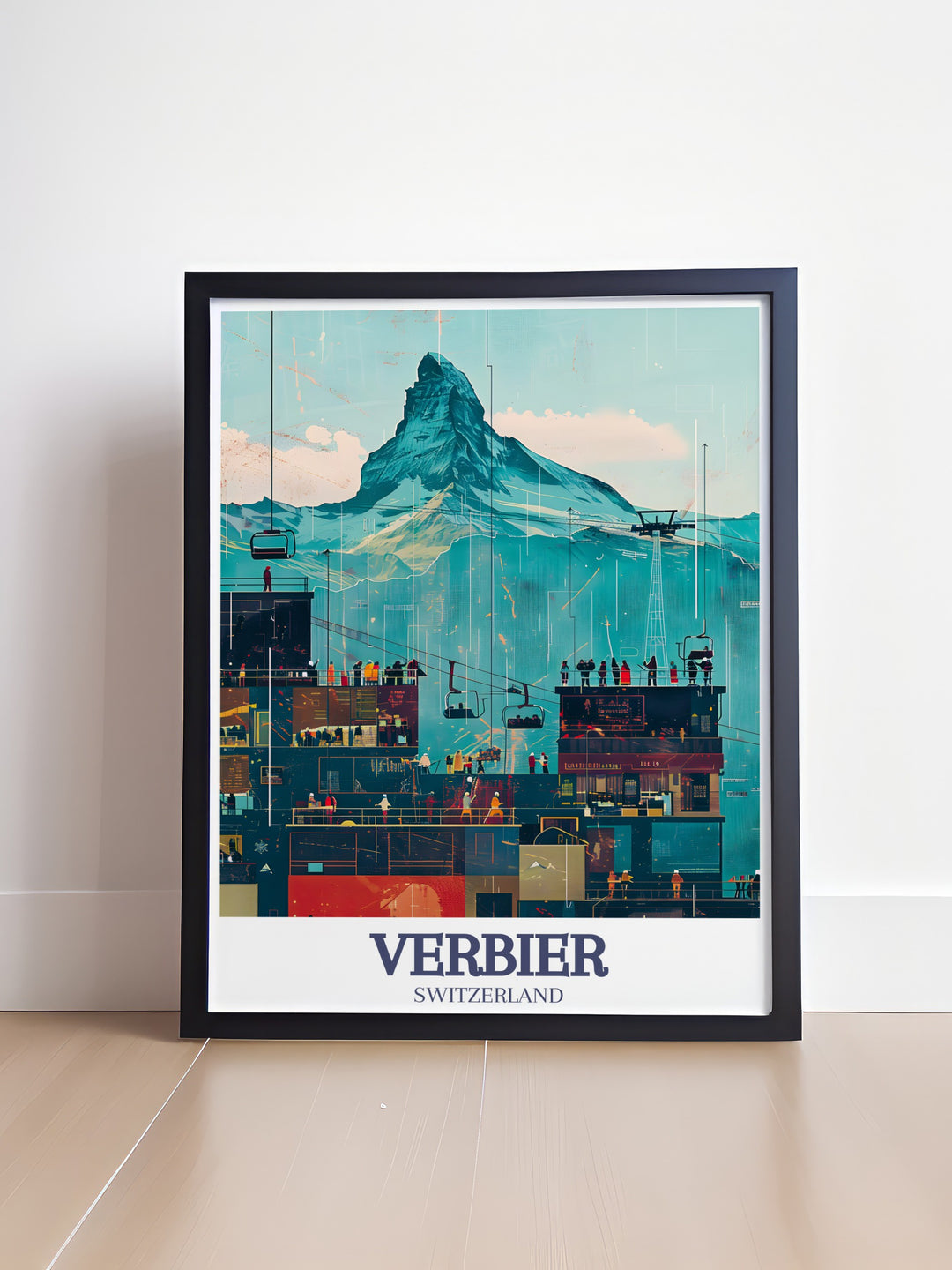 This Verbier poster print features a stunning view of the Swiss Alps, with the Verbier resort and the iconic Matterhorn in the background. Perfect for ski enthusiasts or lovers of alpine landscapes, this artwork captures the breathtaking beauty of these famous ski destinations.