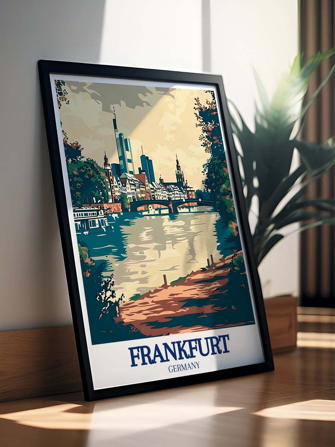 A striking canvas art print that captures the Eiserner Steg footbridge with the tranquil River Main beneath, offering a glimpse of Frankfurts architectural beauty. The detailed design and vibrant colors make this print a stunning addition to any decor, perfect for those who wish to bring the charm of Frankfurt into their living spaces.