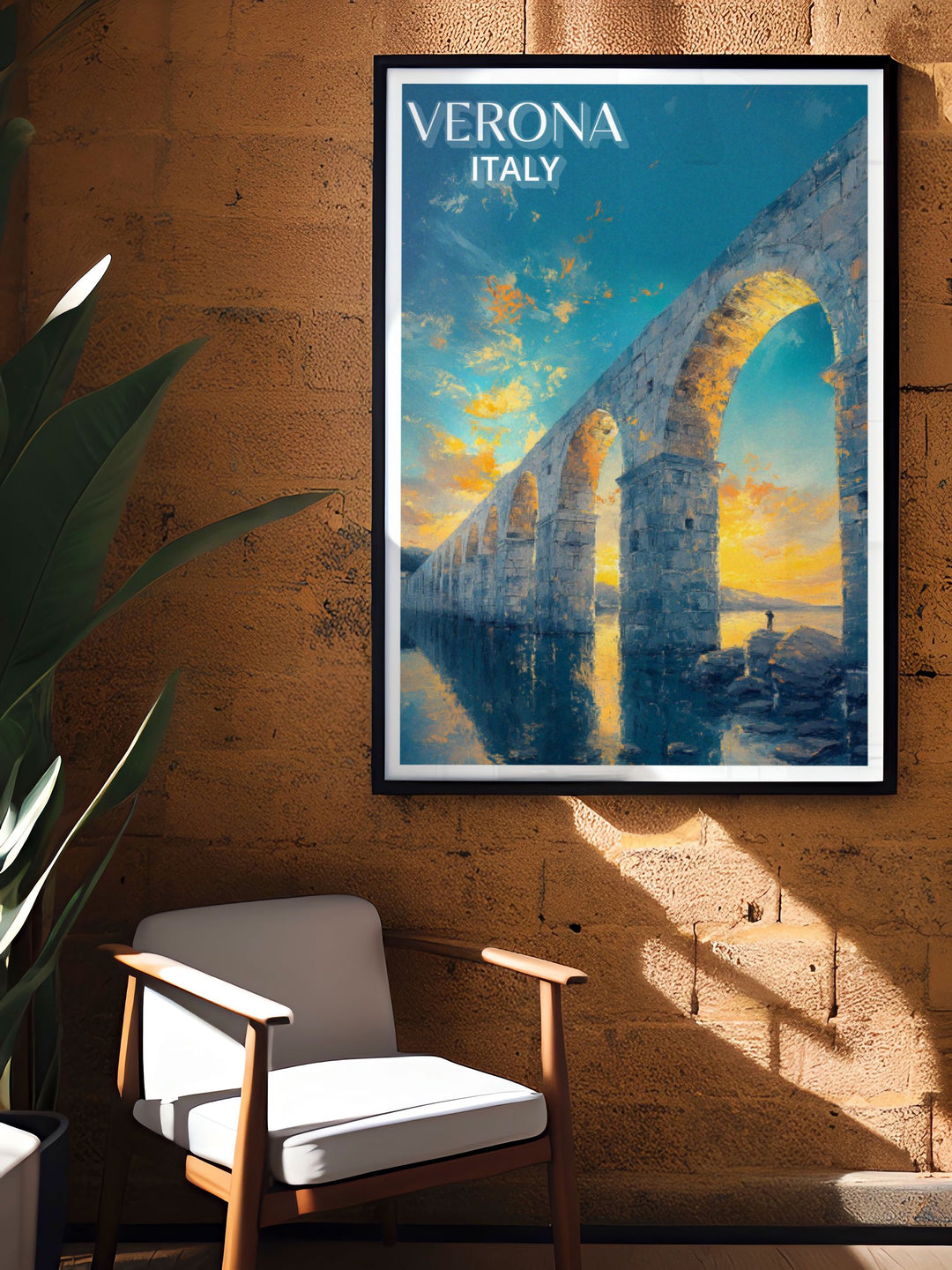 Vintage inspired poster of Ponte Pietra, evoking the romantic charm of Verona with its detailed illustration and classic design, perfect for travel enthusiasts.
