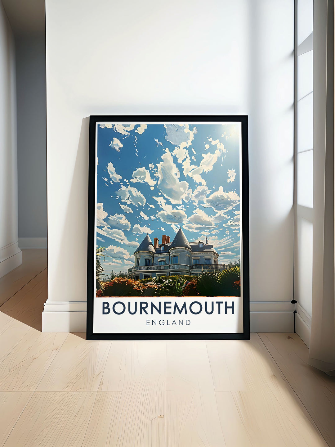 Vintage travel print of Russell Cotes Art Gallery and Museum showcasing its stunning architecture and artistic heritage. Perfect for art enthusiasts and history lovers this captivating artwork enhances any home or office decor with its timeless beauty.