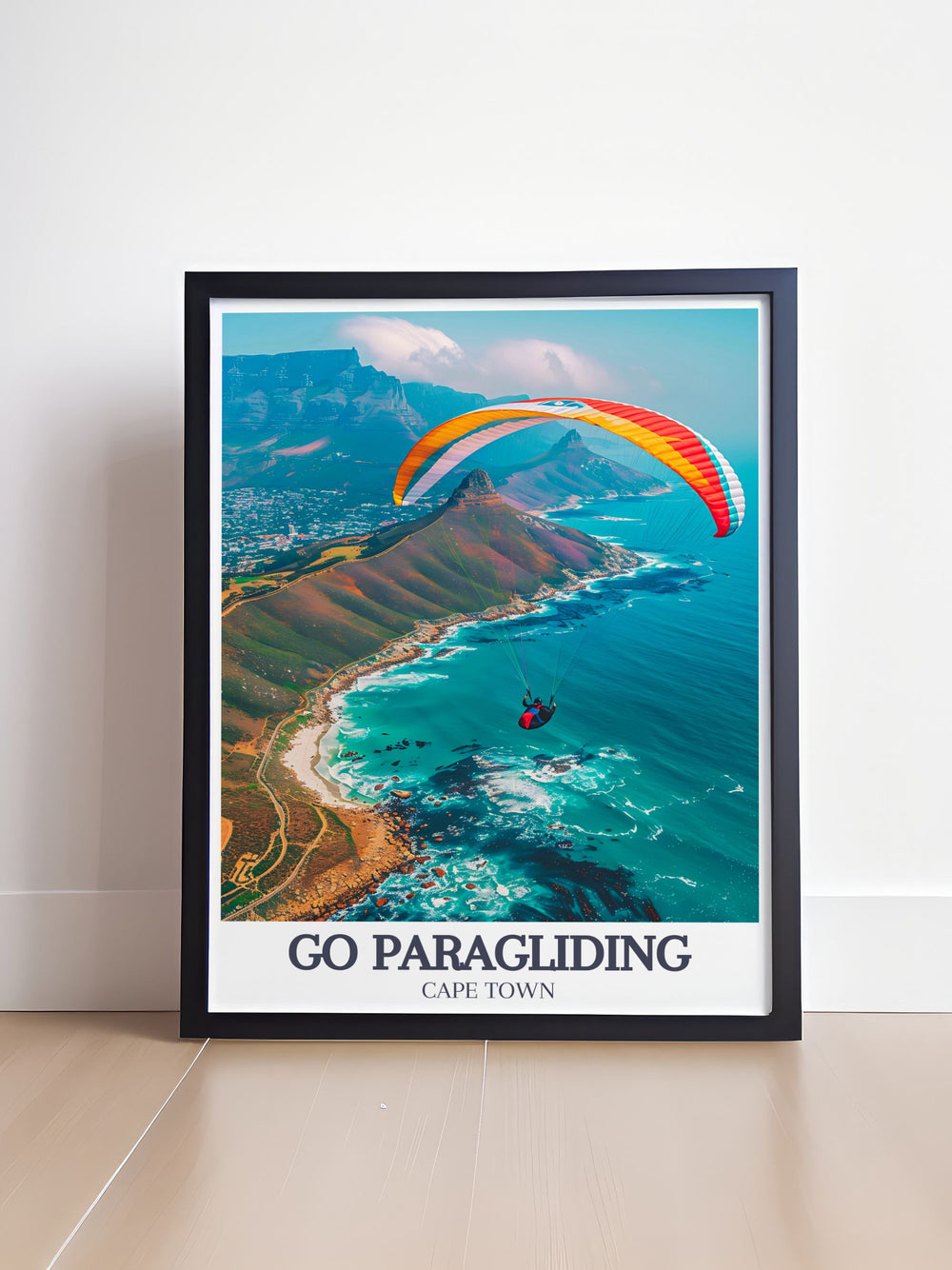 This Vintage Travel Print depicts the soaring experience of paragliding over Cape Town, with the iconic Table Mountain serving as the perfect backdrop. Ideal for adventure lovers, this artwork adds excitement and beauty to your home or office.