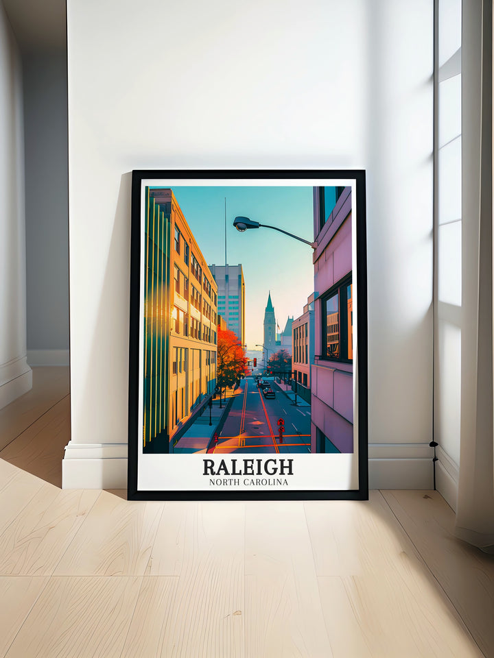 Captivating Raleigh art print depicting the architectural beauty of Downtown Raleigh and the historic atmosphere of Durham. The print reflects the unique character and cultural richness of North Carolinas cities, perfect for enhancing any home decor