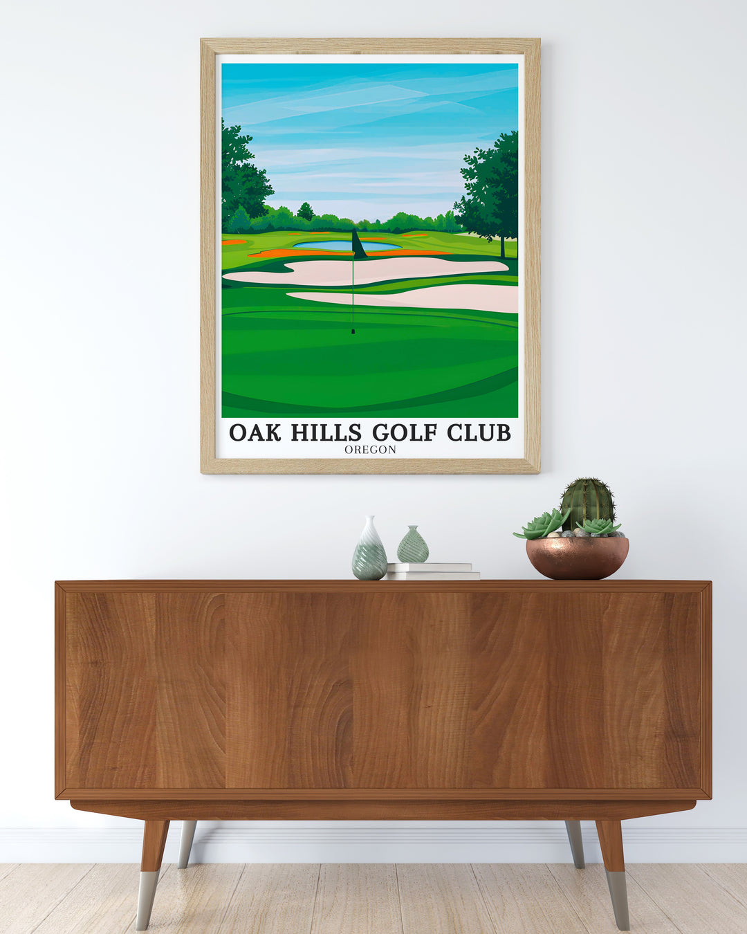 This travel print highlights the best of Oak Hills Golf Club in Sutherlin, Oregon. Showcasing the courses 18 hole design and scenic views, this poster is perfect for adding a touch of sophistication to any room. A great addition to a golf lovers collection.