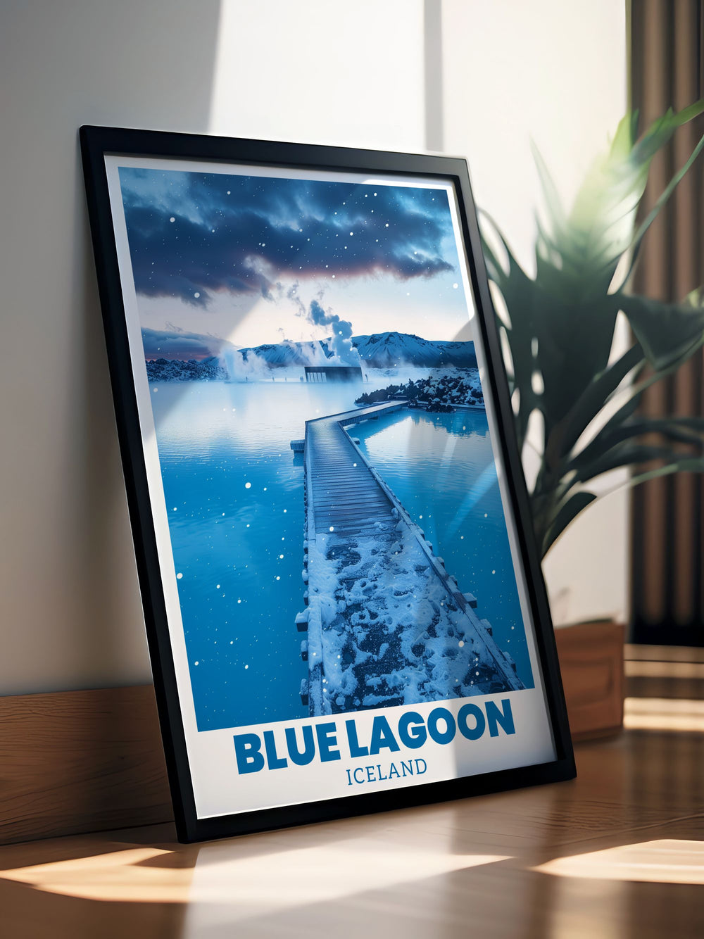The Blue Lagoon print showcases the breathtaking scenery of Icelands iconic Blue Lagoon. Perfect for any space, this artwork brings a relaxing and modern feel to your home decor, combining nature inspired elegance with soothing blue tones for a peaceful atmosphere.