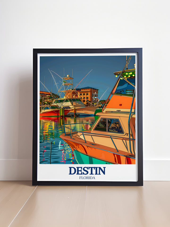 HarborWalk Marina Print celebrates the vibrant marina culture of Destin, paired with the hardworking spirit of the fishing fleet. This framed art is perfect for anyone who loves beach life and wants to bring a touch of coastal charm into their home.