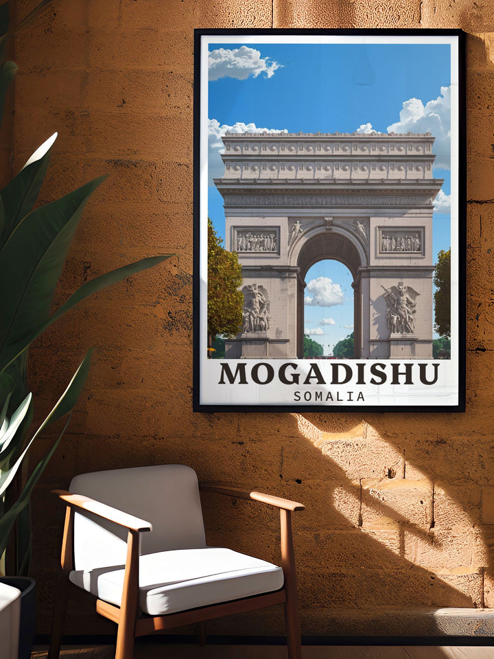 Bring the essence of Somalia into your living space with this stunning Arch of Triumph Poster Print. A symbol of Mogadishus rich history and cultural beauty, this travel poster is perfect for collectors of African art or those who appreciate architectural landmarks.