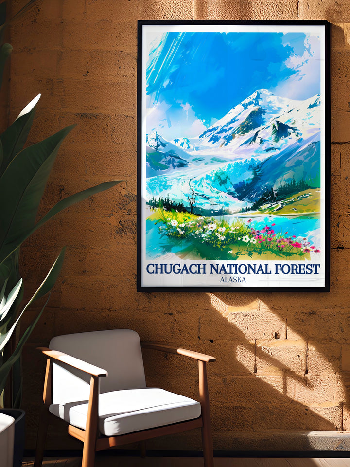 Featuring the Holgate Glacier and Kenai Fjords, this travel print showcases Alaskas most iconic natural wonders. Perfect for a living room or office, this Chugach National Forest poster offers vibrant imagery and is an ideal decor piece for adventure lovers.