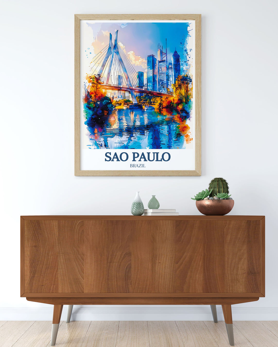 This São Paulo art print features the impressive Octávio Frias de Oliveira Bridge, a symbol of modern innovation in Brazil. The dynamic urban landscape of the Marginal Pinheiros expressway below is highlighted, offering a contemporary and sleek addition to any art collection.