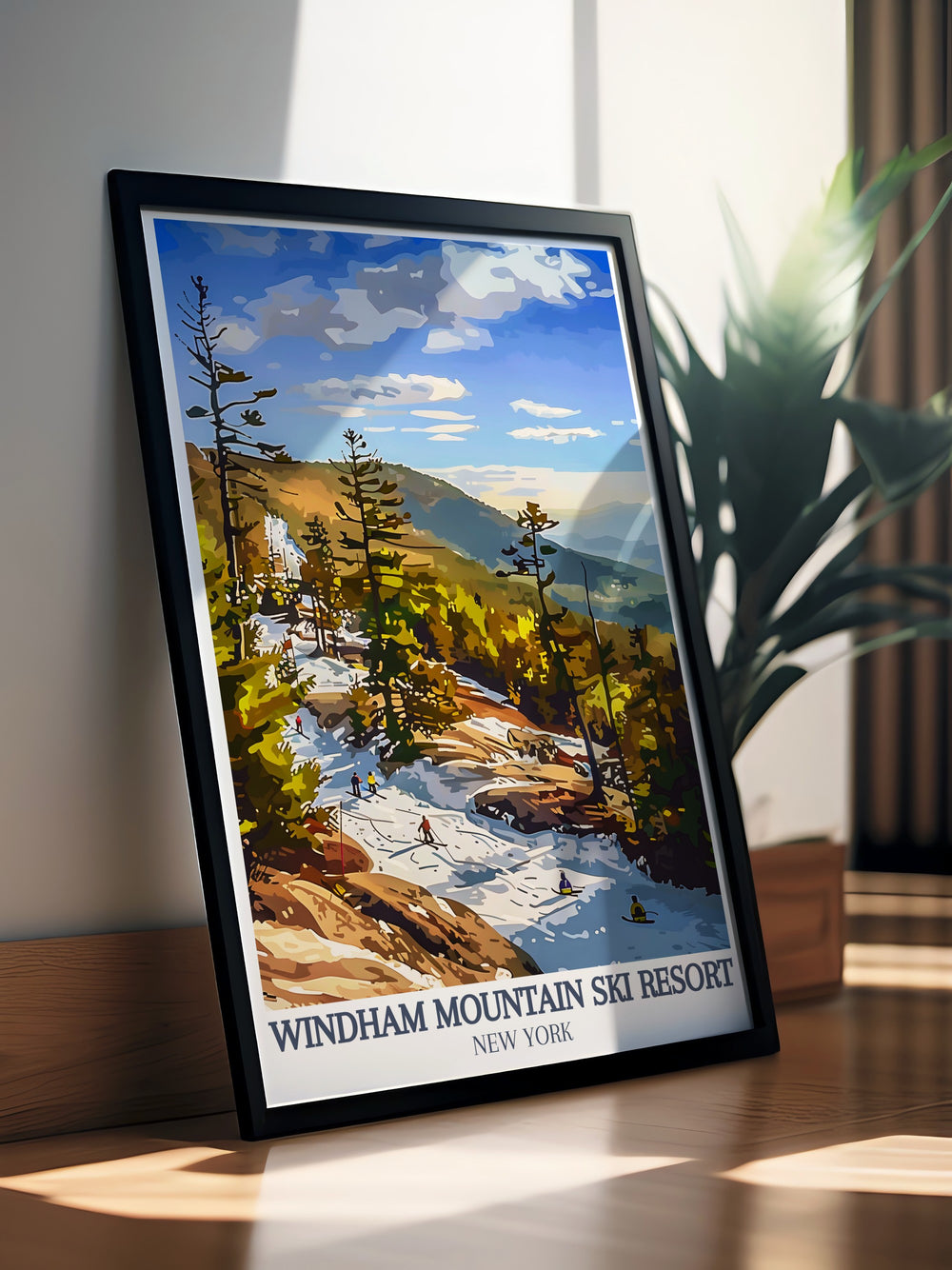 Windham, Catskill Mountains modern print showcasing the beauty of Windham Ski Resort and the thrill of New York skiing ideal for those looking to add adventure and elegance to their home with unique USA travel art decor