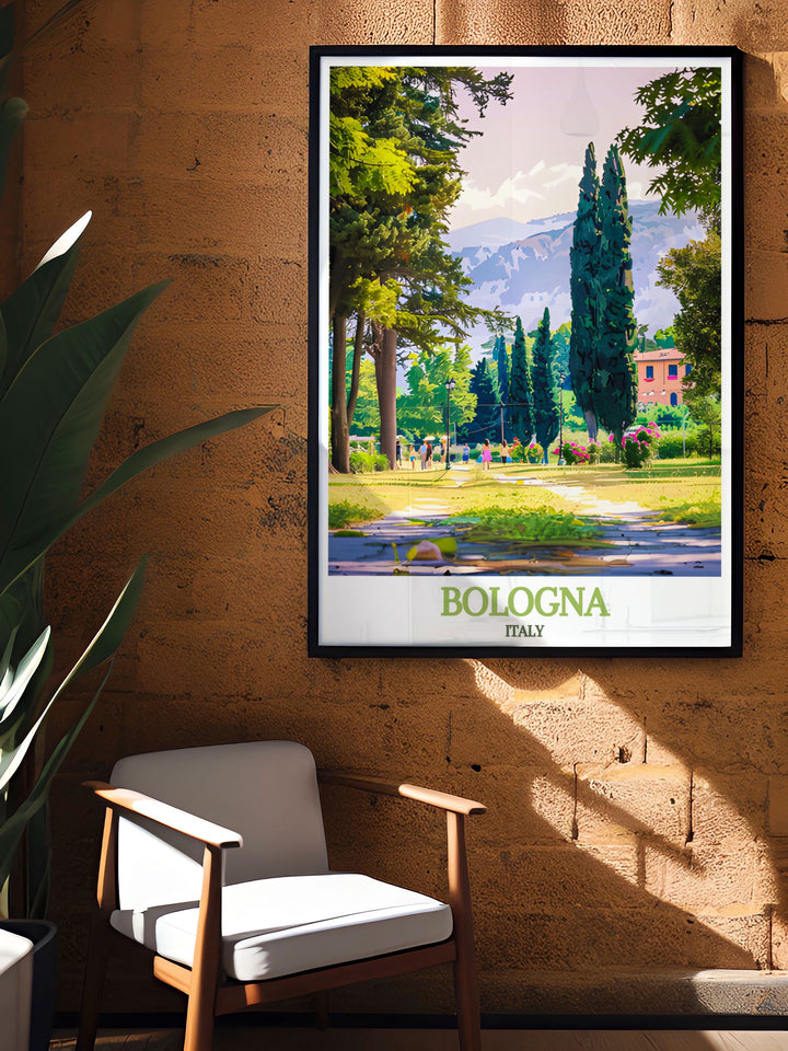 Captivating Bologna travel poster featuring the historic architecture and scenic landscapes of Giardini Margherita, perfect for adding Italys cultural and natural charm to your decor.