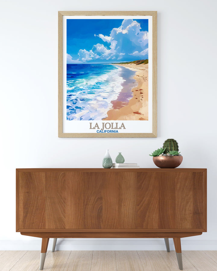 La Jolla Shores Beach Framed Art presents the beauty of Californias coastline with its depiction of La Jolla Cove and the surrounding beach. This travel print is ideal for anyone who enjoys coastal decor and wants to bring the peaceful essence of the ocean into their home.