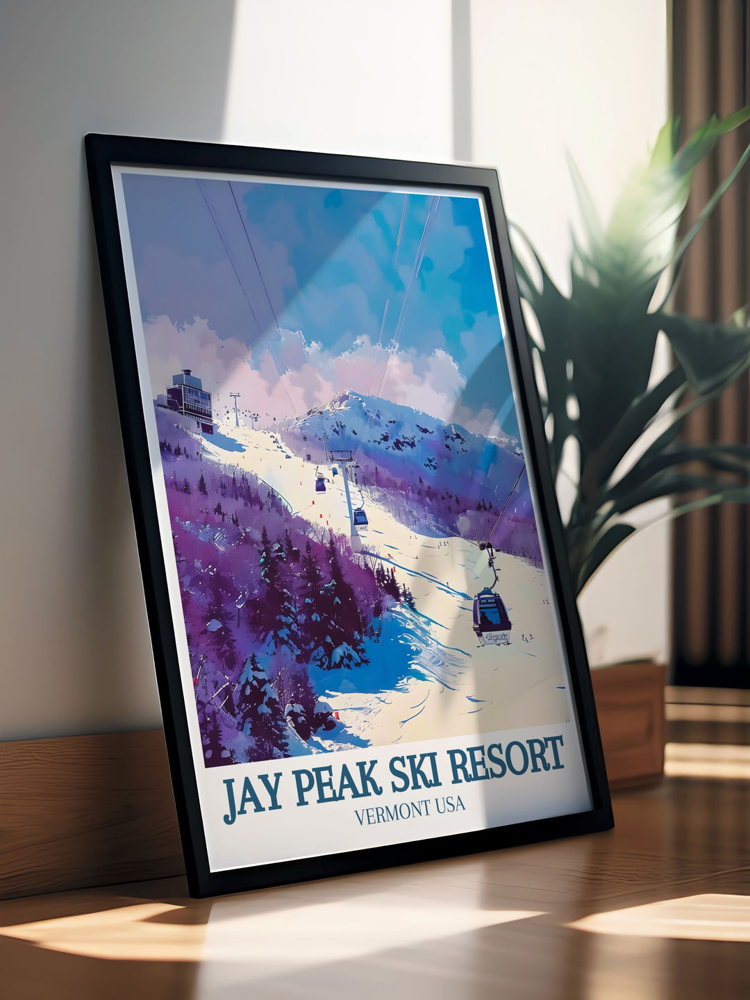 This Jay Peak Ski Resort poster print captures the stunning winter landscapes of Vermonts Green Mountains, showcasing the iconic Jay Peak and the rugged beauty of Burke Mountain. Perfect for skiers and nature lovers, this travel print brings the charm of New England into your home.