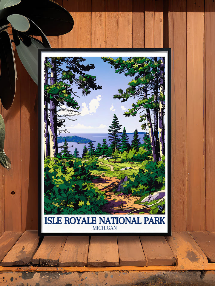 Isle Royale decor featuring iconic landmarks, perfect for thoughtful gifts or personal use. This travel print embodies the vibrancy of the park, making it a cherished piece for art lovers and outdoor enthusiasts alike.