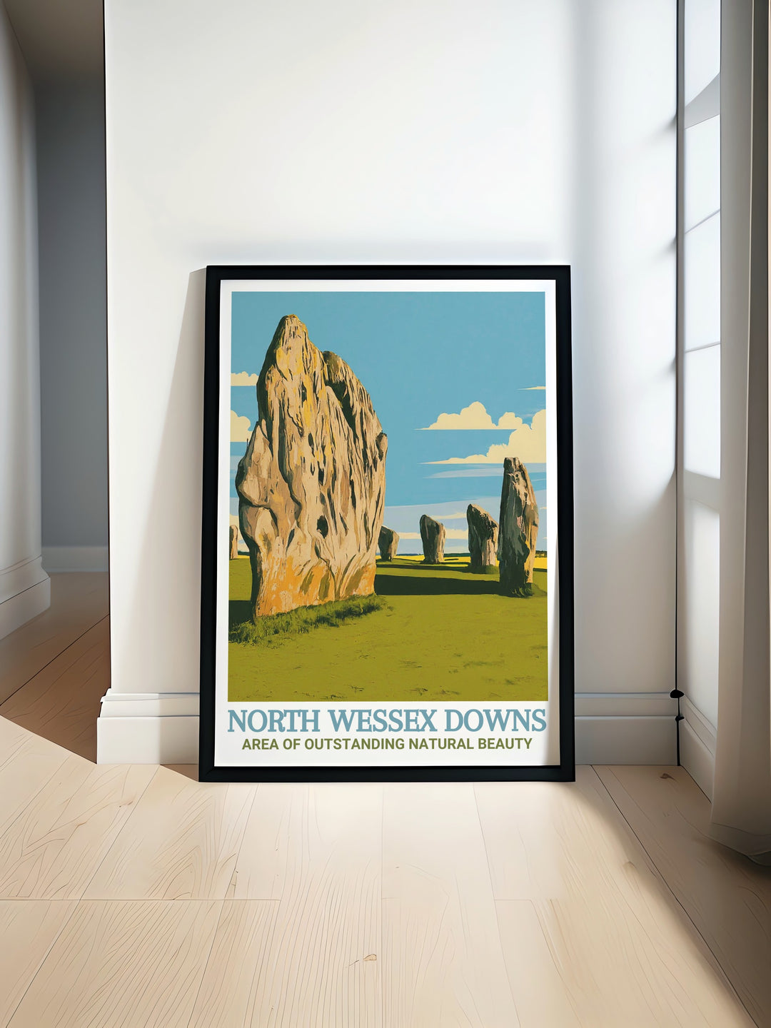 AONB travel poster featuring the famous Avebury Stone Circle set against the backdrop of the North Wessex Downs. This print captures the harmonious blend of nature and ancient history, making it an ideal choice for anyone who admires Englands rich cultural landscape.