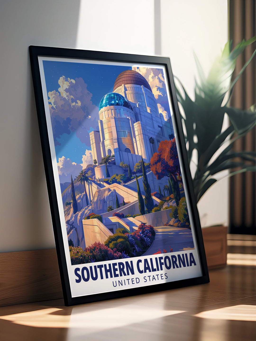 Southern California art print featuring the iconic Griffith Observatory and vibrant cityscapes. This travel poster brings out the beauty of Californias landmarks, perfect for adding a touch of West Coast charm to your home décor.