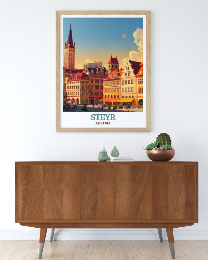 Framed art of Bummerlhaus in Steyr, Austria, showcasing the buildings impressive Gothic architecture against the backdrop of Steyrs charming streets. Ideal for those who appreciate fine art and history, this print brings a piece of Austria into your home.