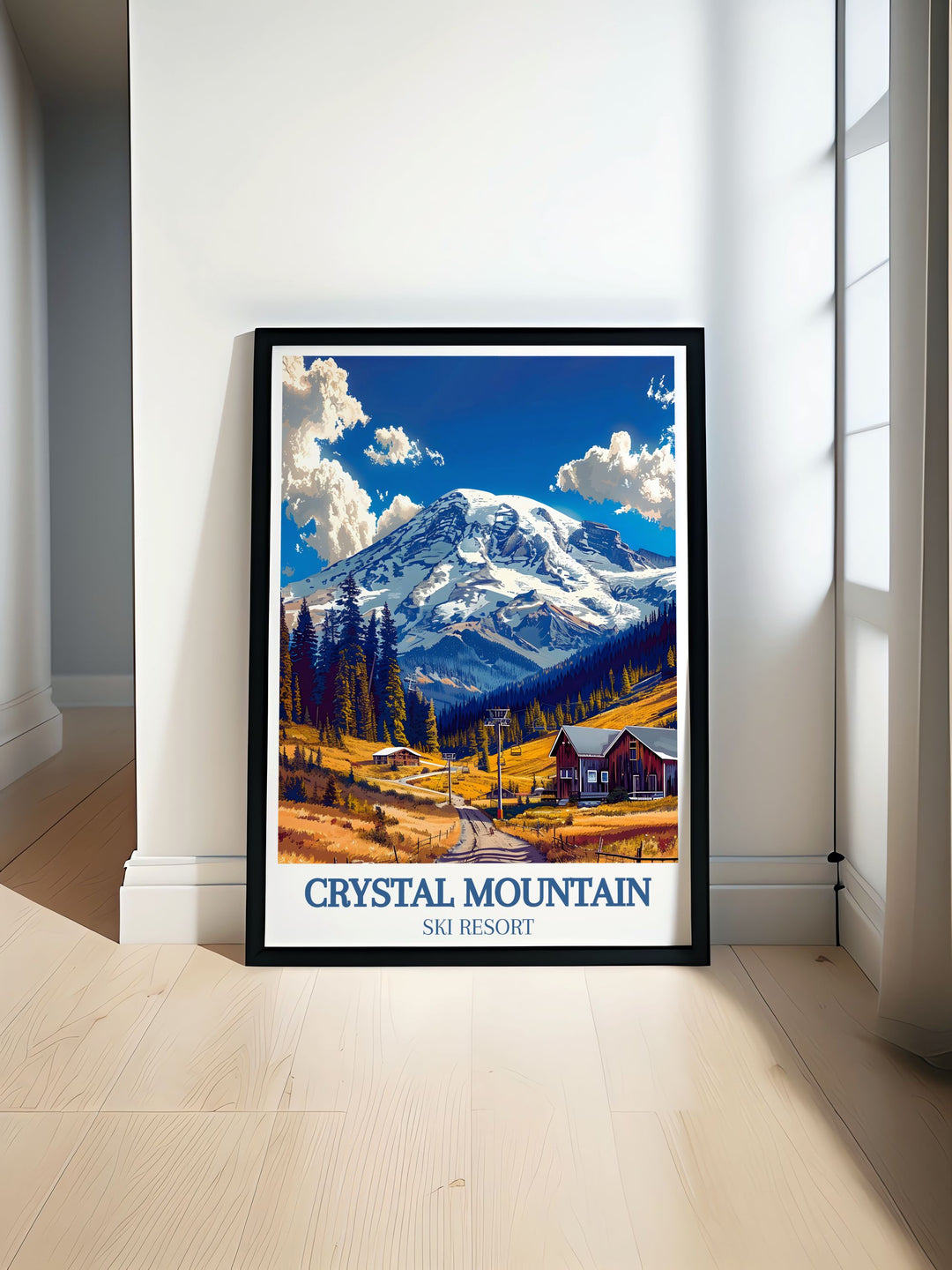 This poster captures the dynamic energy of snowboarding at Crystal Mountain, set against the iconic backdrop of Washingtons Cascade Range, ideal for thrill seekers.