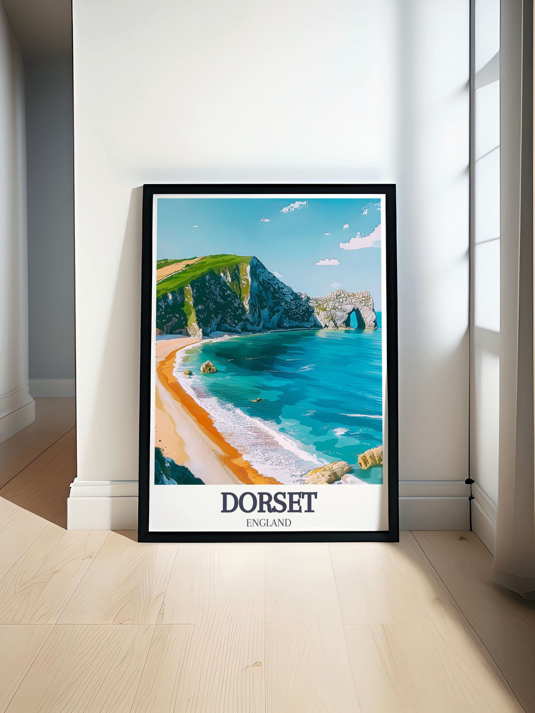 Durdle Door is highlighted in this travel poster, capturing the iconic arch and the timeless beauty of Dorsets coastline, perfect for enhancing your living space.