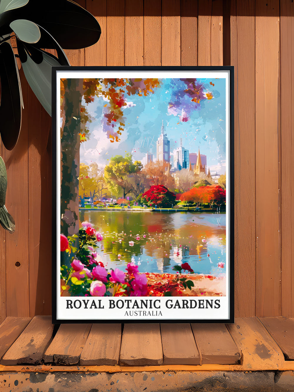 Experience the tranquility of the Melbourne Skyline Ornamental Lake captured in this exquisite Botanic Garden Print a must have for anyone who appreciates Australia Travel Art and wants to bring a touch of the Royal Botanic Gardens into their home