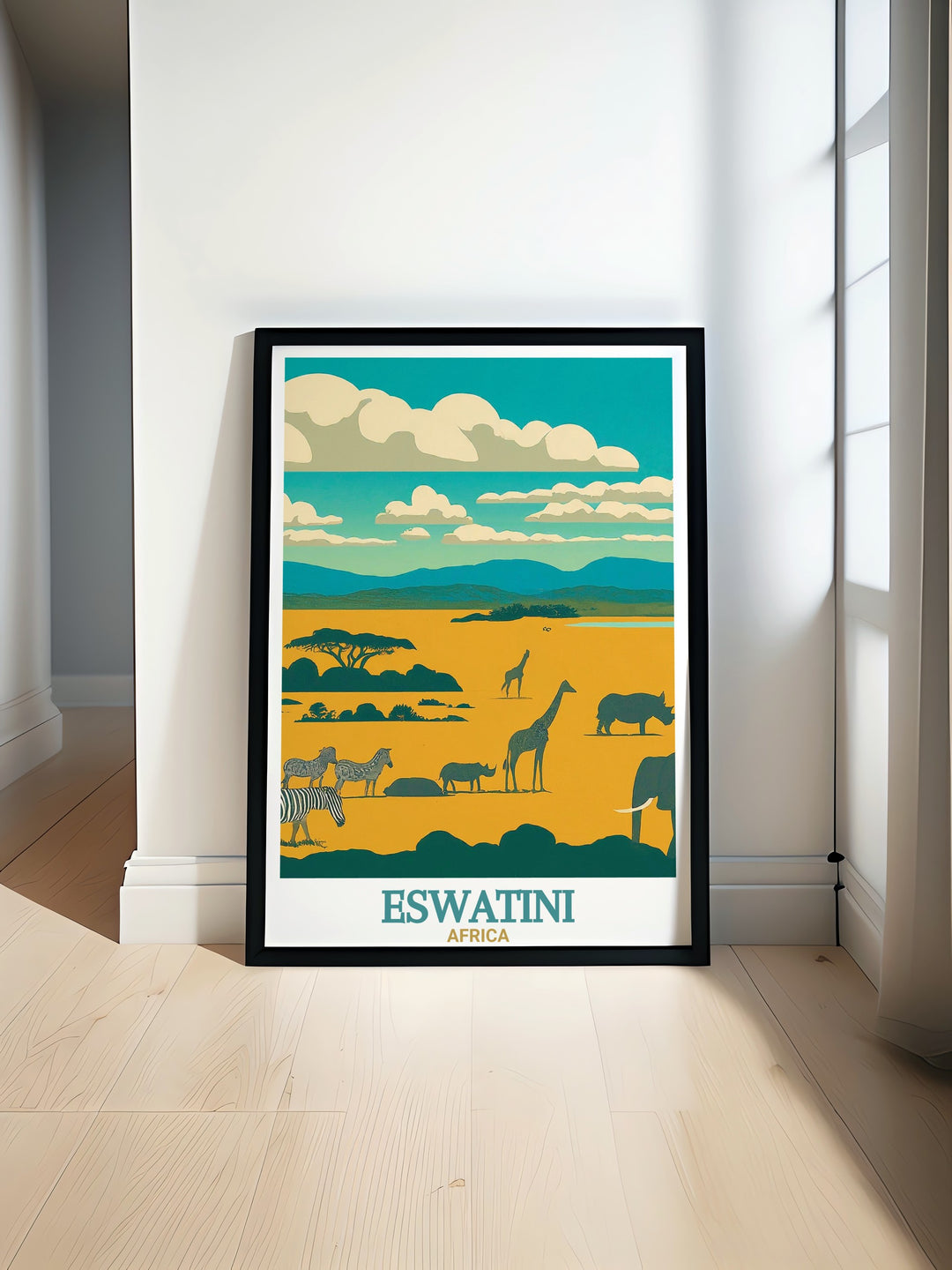 Eswatini wall art captures the serene beauty of southern Africa, featuring the vast landscapes and iconic wildlife of Hlane Royal National Park. This travel poster is perfect for anyone looking to add a touch of African adventure to their home decor.