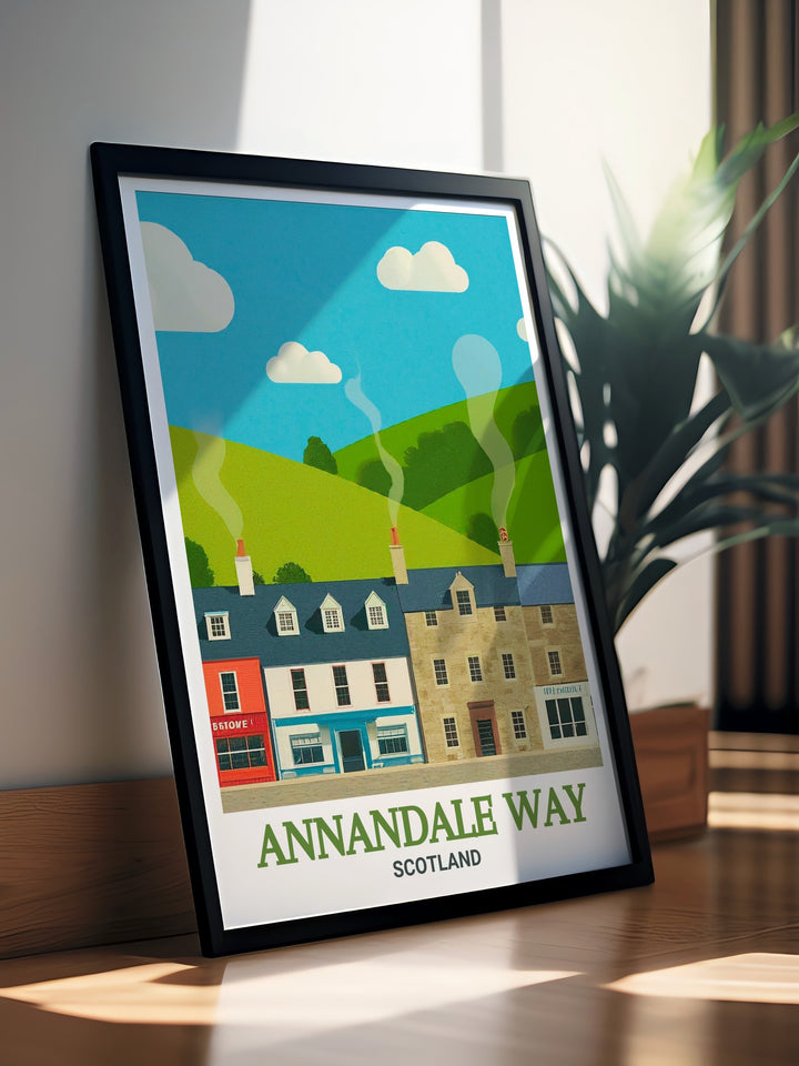 Stunning Annandale Way Travel Print featuring the scenic beauty of Scotland's Moffat Hills and Almagill Hill ideal for creating a nature inspired living room decor a must have for art collectors and outdoor lovers