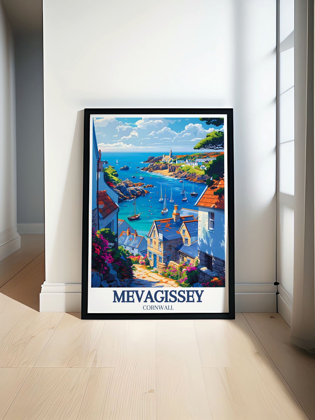 Featuring the rich history of Mevagissey, this travel poster highlights the significance of its iconic landmarks like the Clock Tower and St. Peters Church. Perfect for history buffs and those who love preserved heritage, this artwork brings the timeless charm of Mevagissey into your decor.