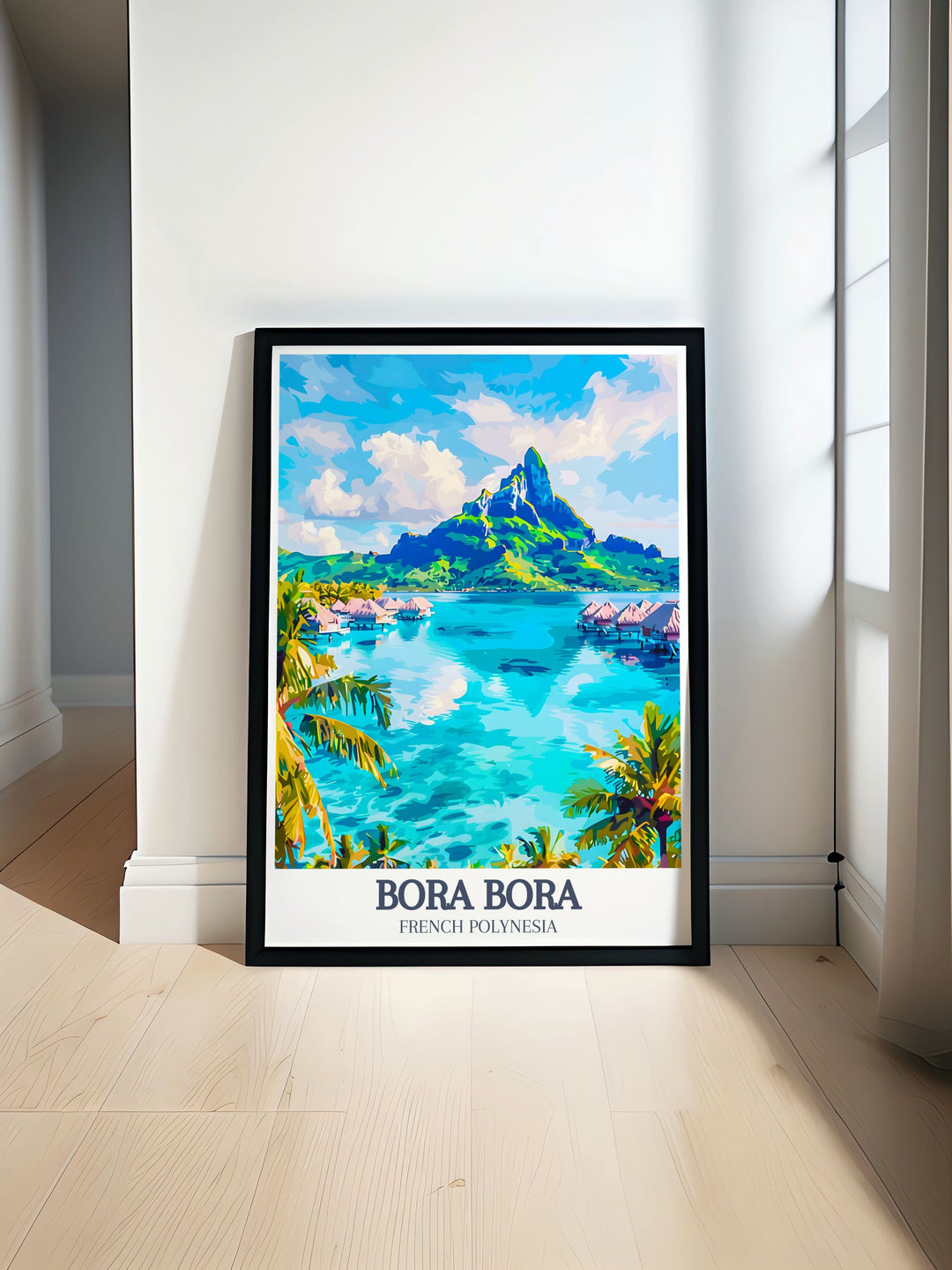 Mount Otemanu Bora Bora Yacht Club travel poster showcasing the stunning beauty of French Polynesia with its majestic mountain and vibrant yacht club perfect for art and collectibles enthusiasts and ideal for adding a touch of elegance and serenity to any home decor.