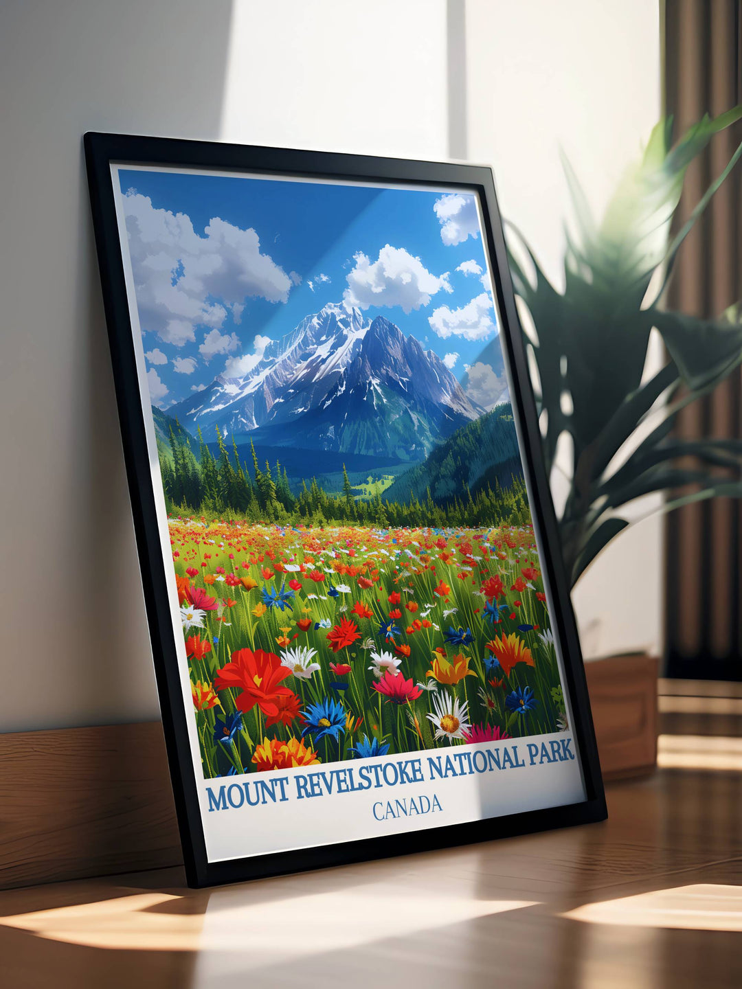 Mount Revelstoke Summit framed print offers a striking view of the Rocky Mountains. Featuring the majestic landscapes of Banff National Park and Revelstoke Canada, this artwork combines classic retro travel poster appeal with modern decor.